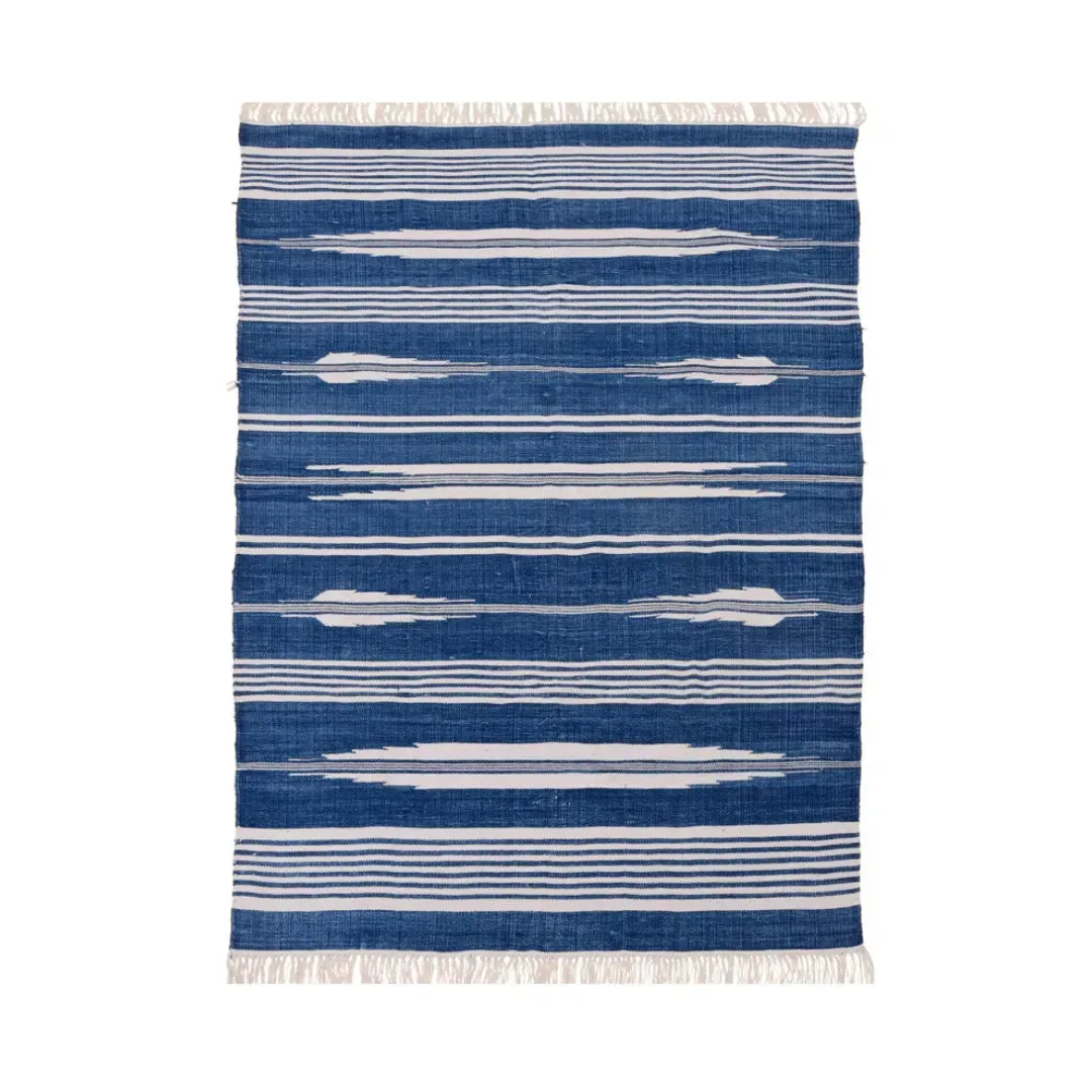 Handwoven Blue and White Stripe Patterned Cotton Rug with Fringes