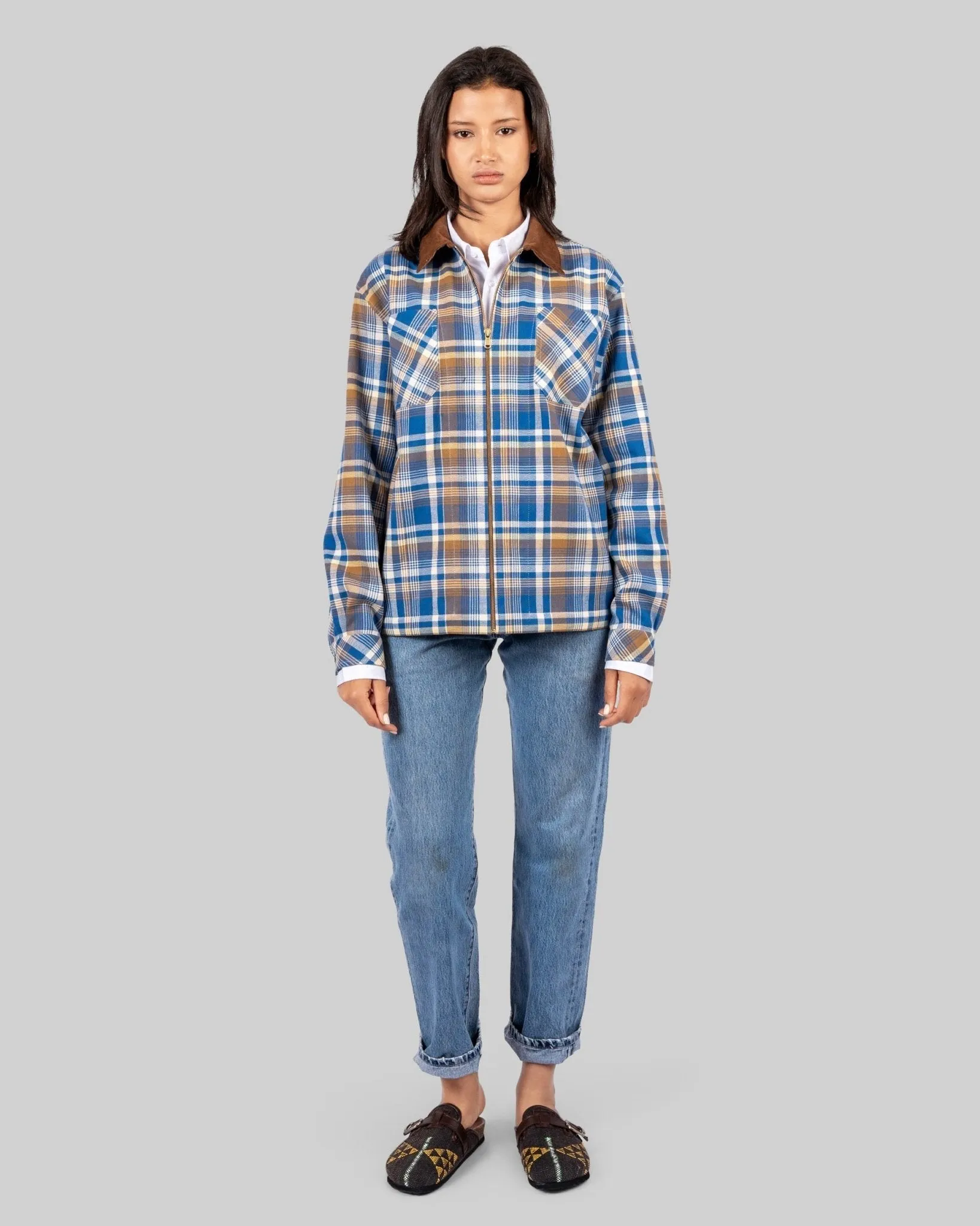 Handwoven Plaid Jacket with Brown Corduroy Collar