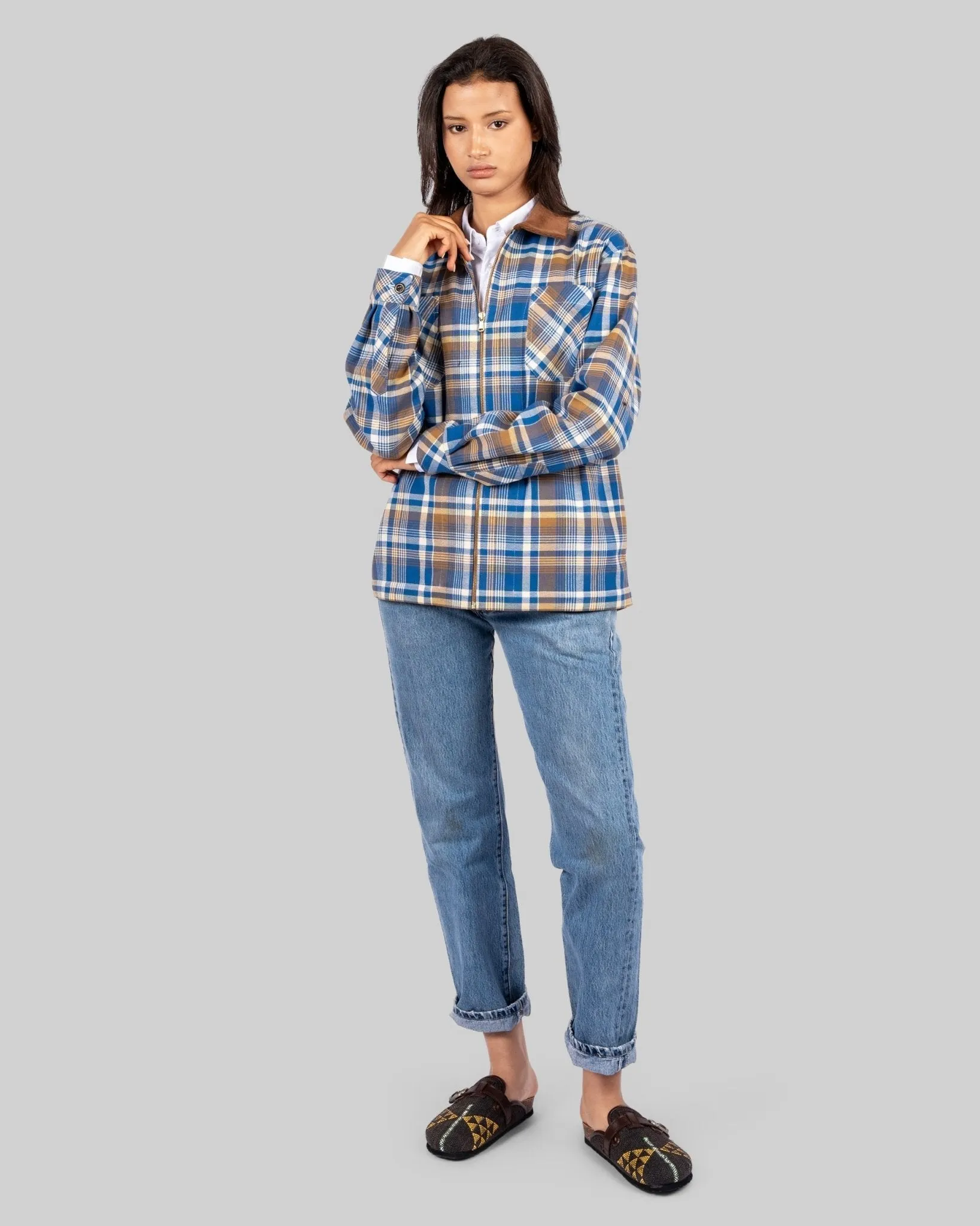 Handwoven Plaid Jacket with Brown Corduroy Collar