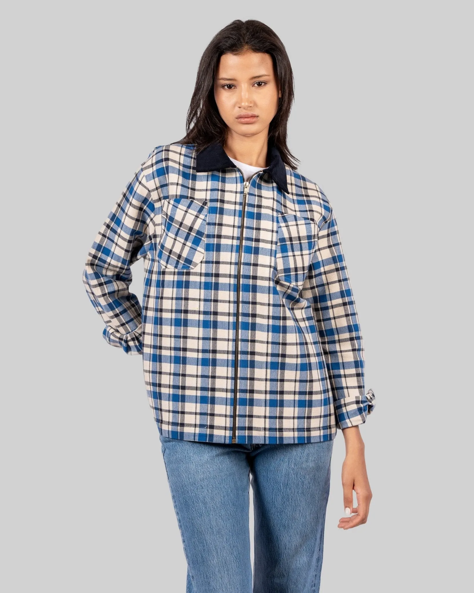 Handwoven Plaid Jacket with Navy Corduroy Collar