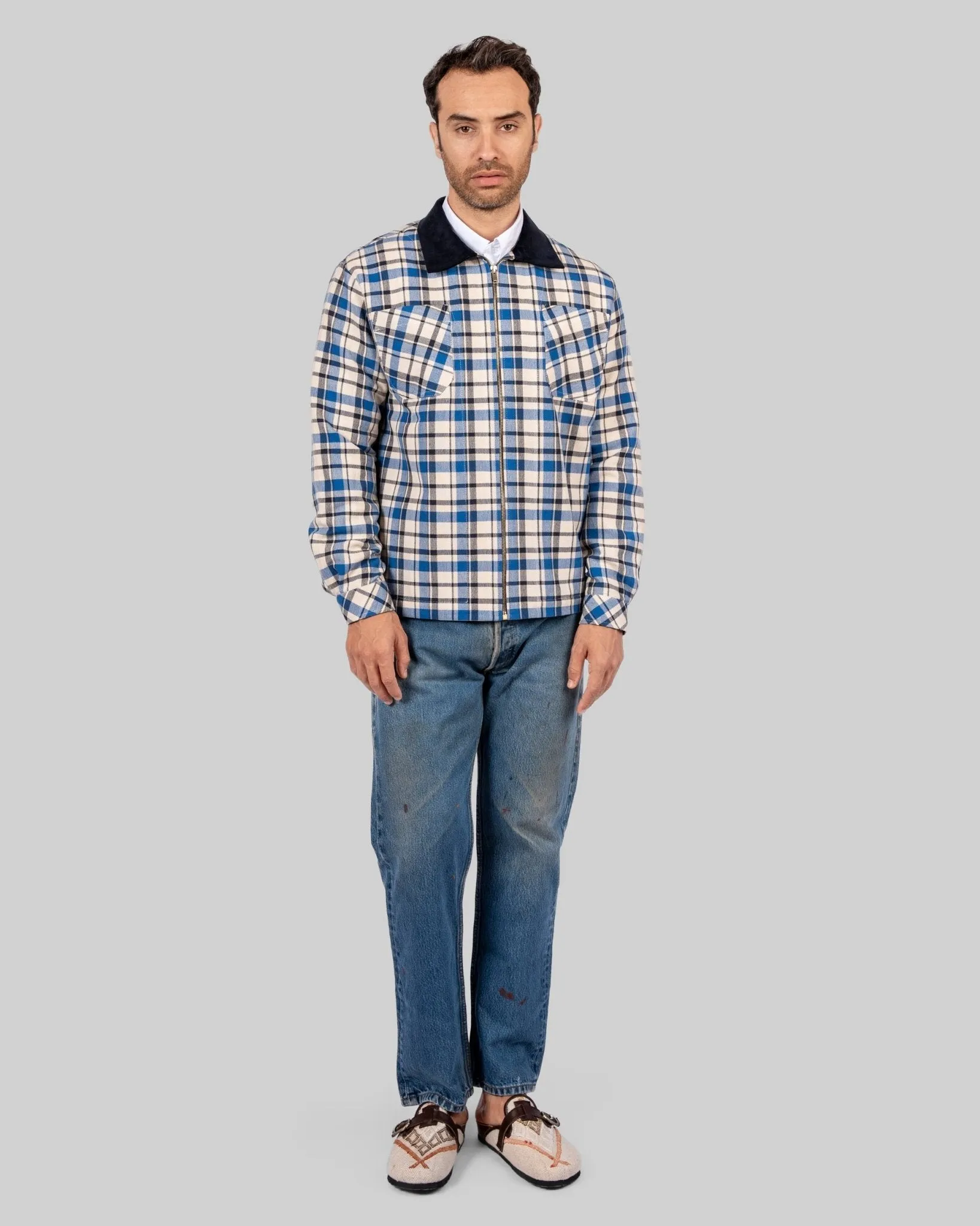 Handwoven Plaid Jacket with Navy Corduroy Collar