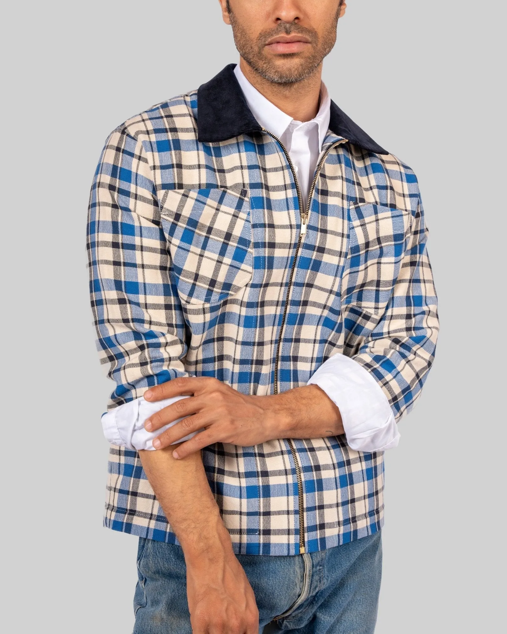 Handwoven Plaid Jacket with Navy Corduroy Collar