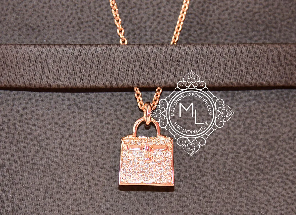 Hermes Rose Gold Diamond Kelly Pendant Necklace