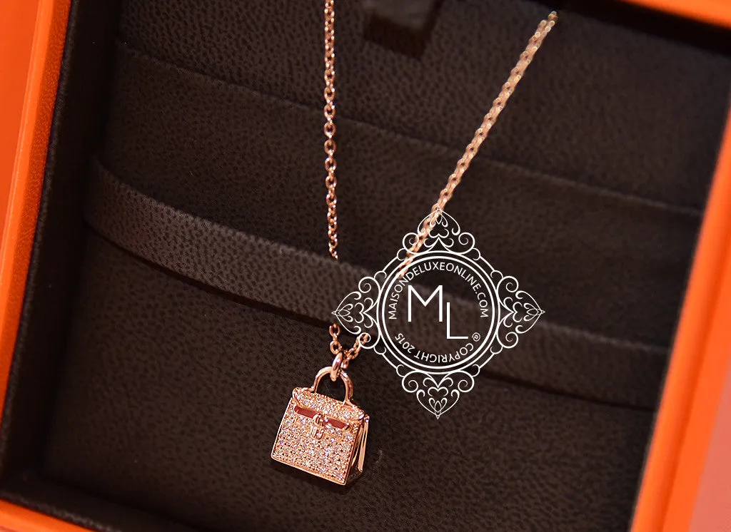 Hermes Rose Gold Diamond Kelly Pendant Necklace