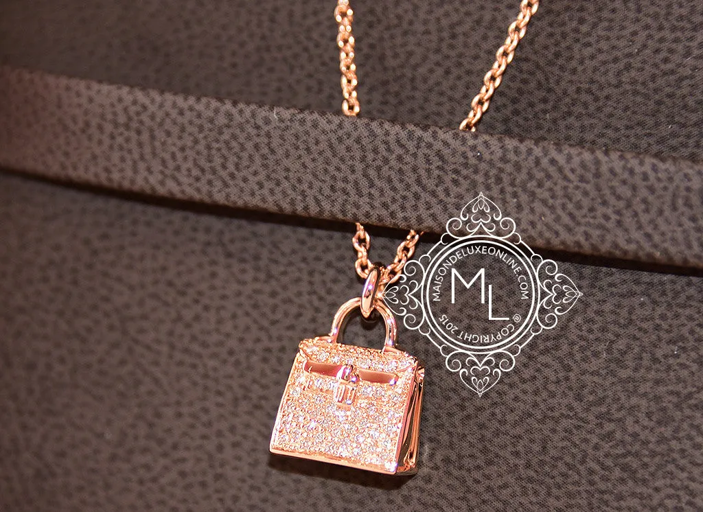 Hermes Rose Gold Diamond Kelly Pendant Necklace