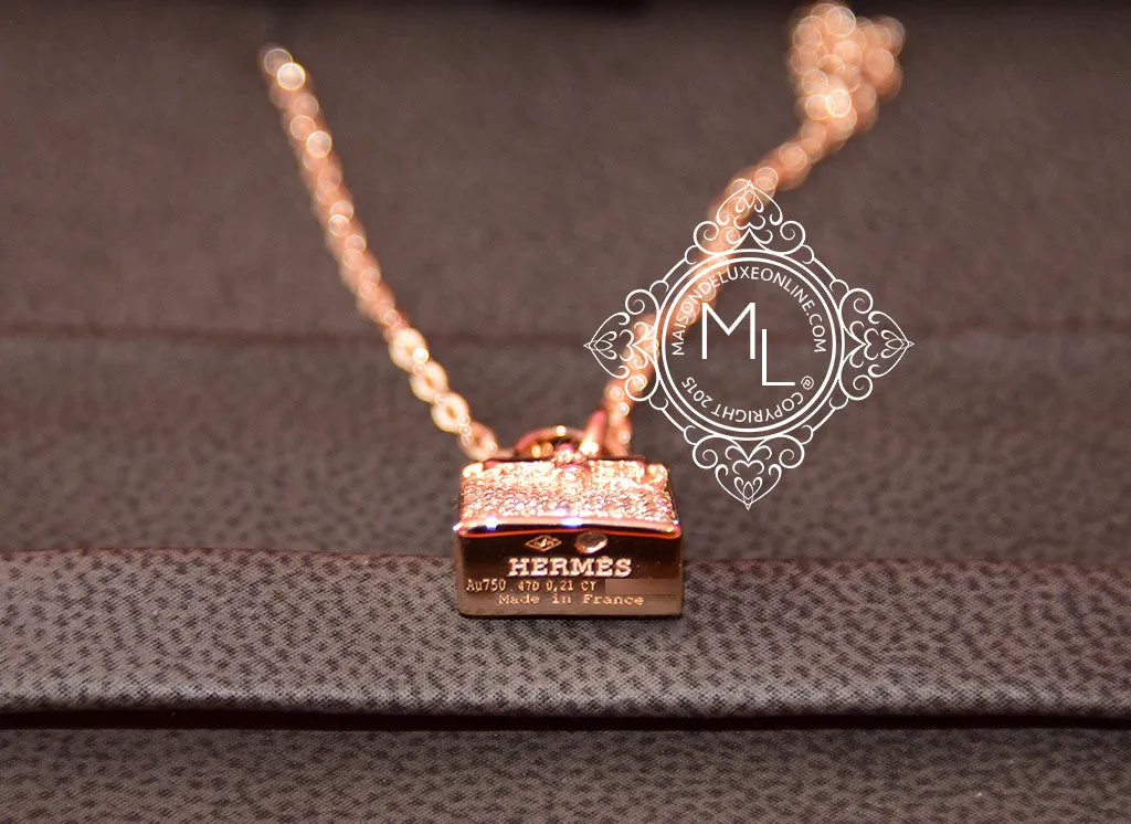 Hermes Rose Gold Diamond Kelly Pendant Necklace