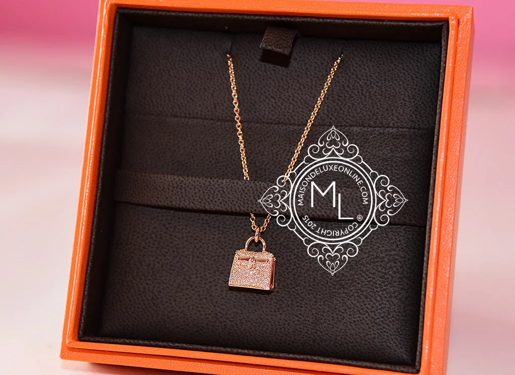 Hermes Rose Gold Diamond Kelly Pendant Necklace