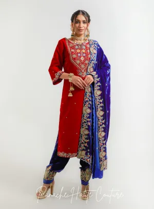 Indigo Color Shawl with Red Indigo Salwar Suit