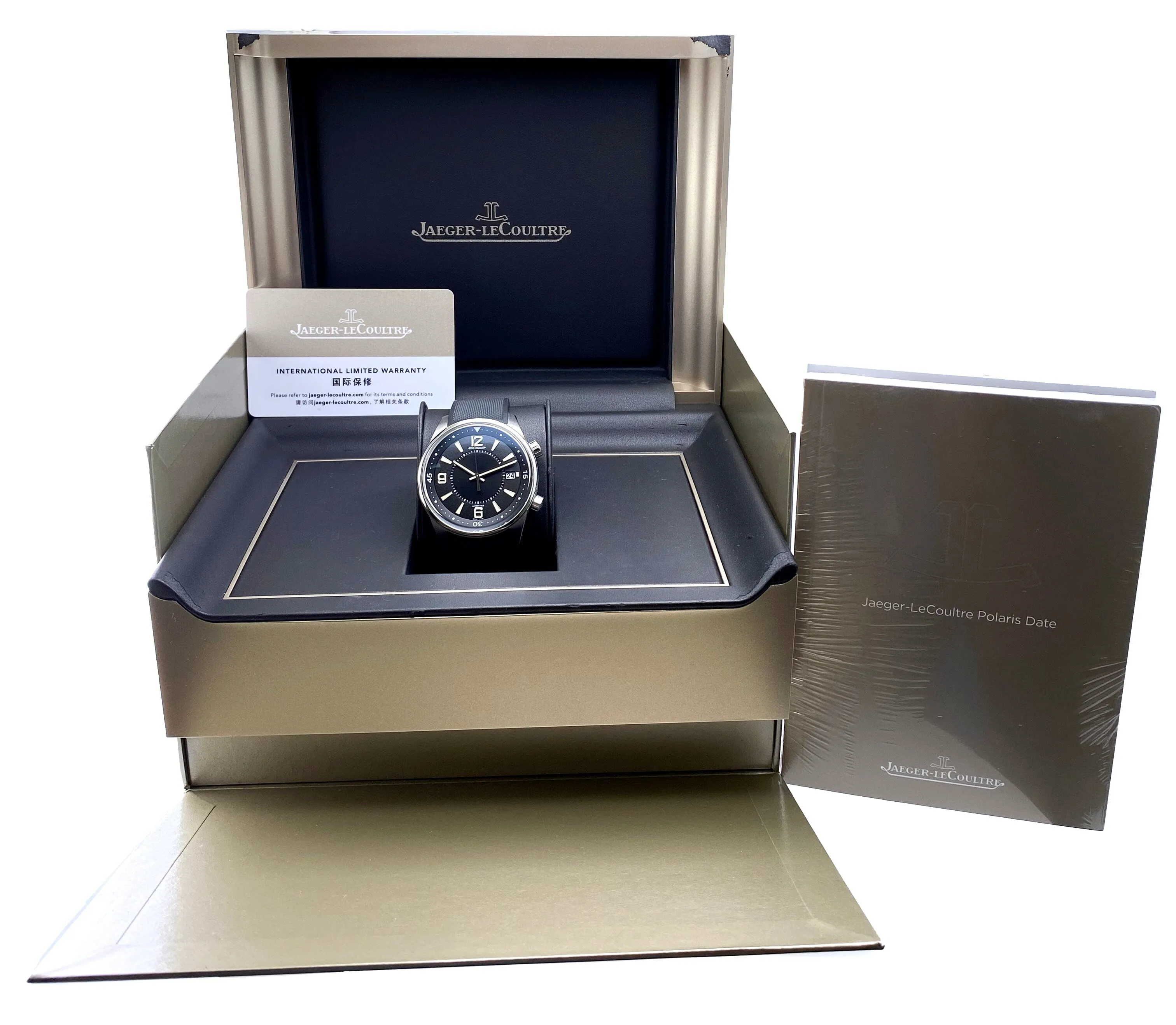 Jaeger Lecoultre Polaris Date Q9068670 Black Dial Mens Watch Box Papers