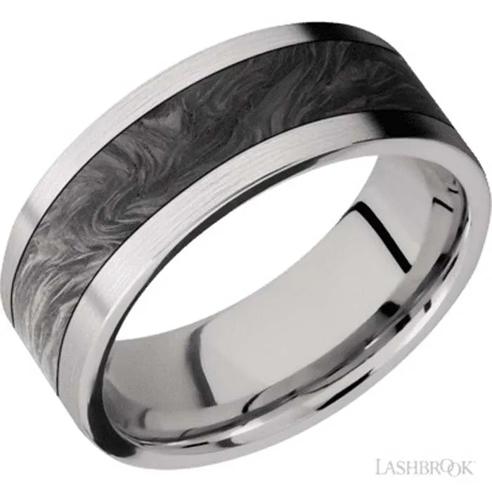 Lashbrook 8MM Flat Cobat Chrome Wedding Band w/ 5MM centered inlay of Forged Carbon Fiber