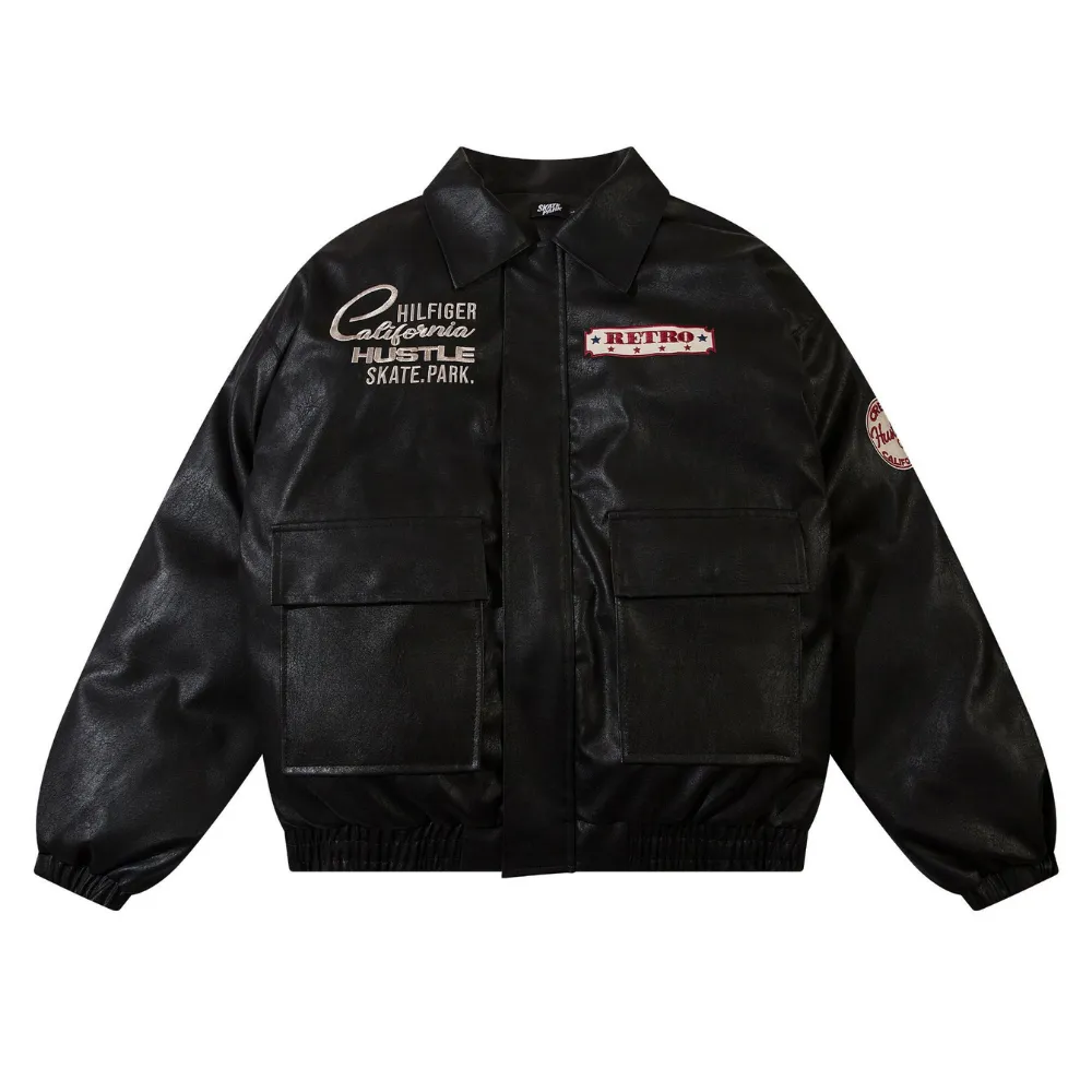 Letter Embroidered Lapel Leather Coat
