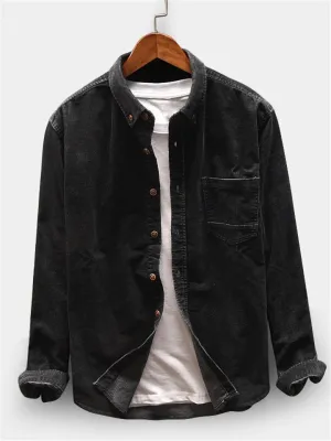 Mens Vintage Corduroy Solid Color Comfy Shirts With Pocket