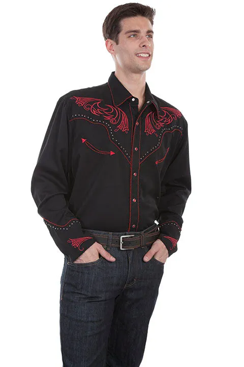 Men's Vintage Western Shirt Collection: Scully Embroidery Red Scrolls