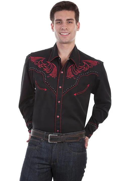 Men's Vintage Western Shirt Collection: Scully Embroidery Red Scrolls