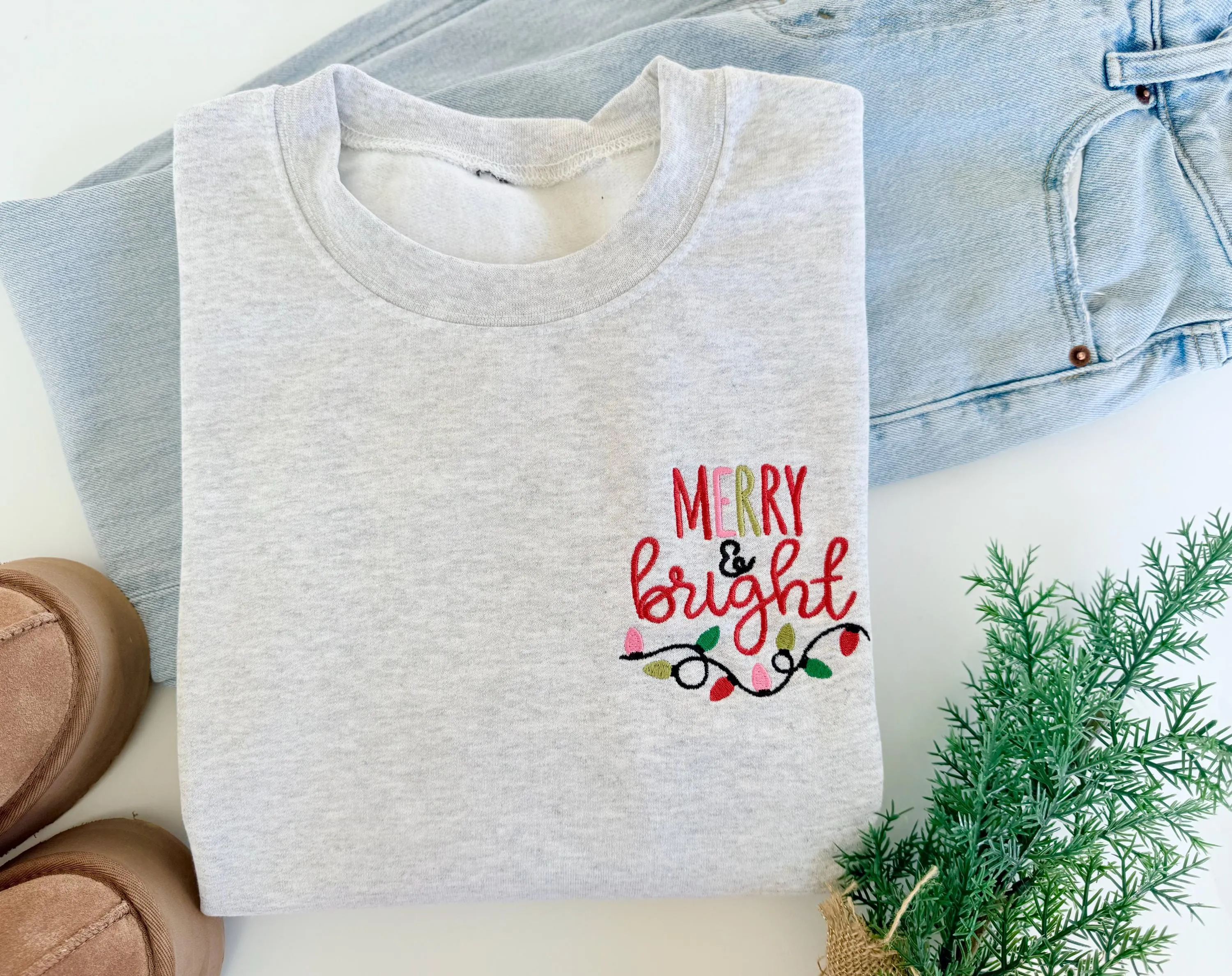 Merry & Bright Embroidered Christmas Sweatshirt - Womens Christmas Sweater