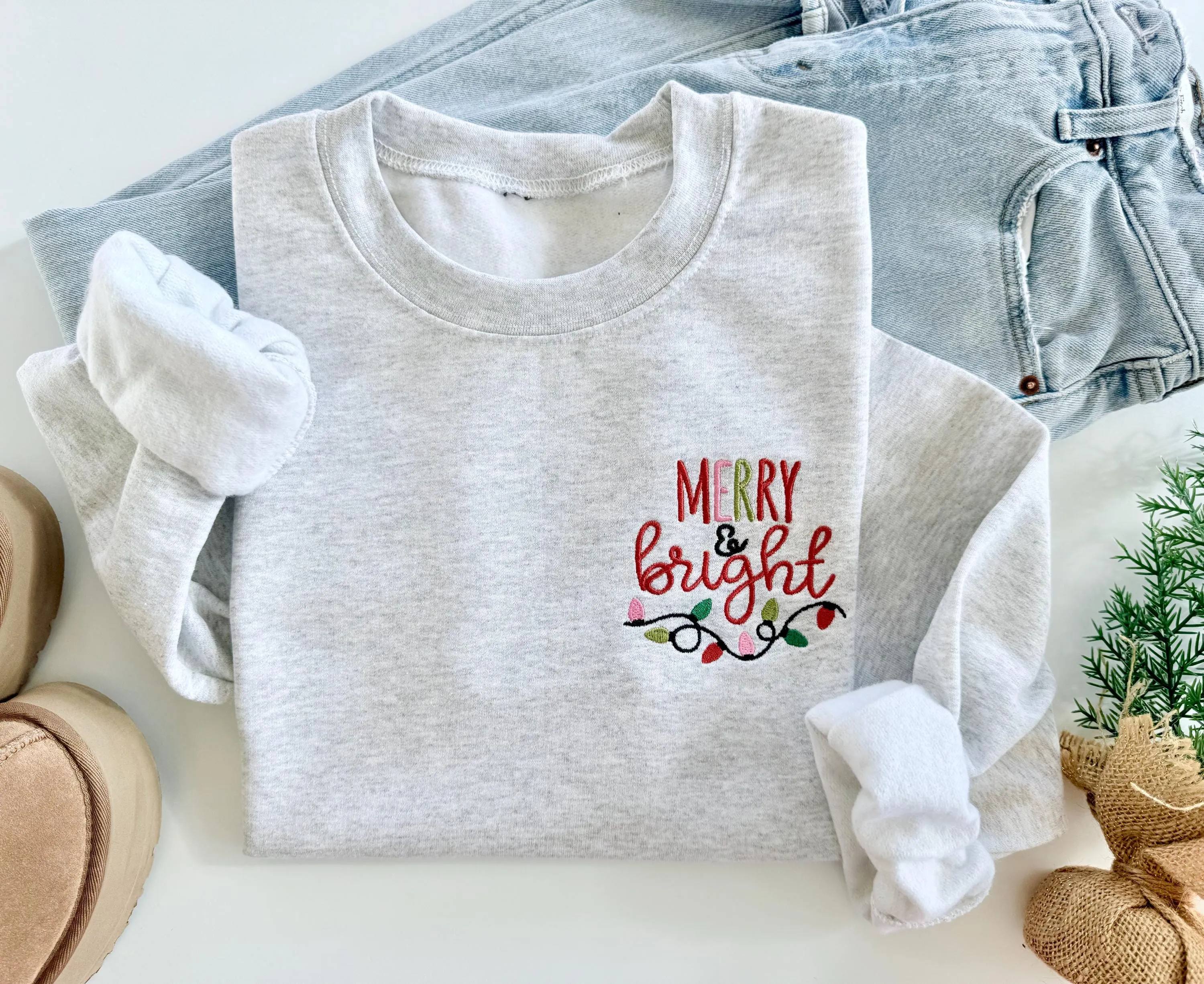 Merry & Bright Embroidered Christmas Sweatshirt - Womens Christmas Sweater