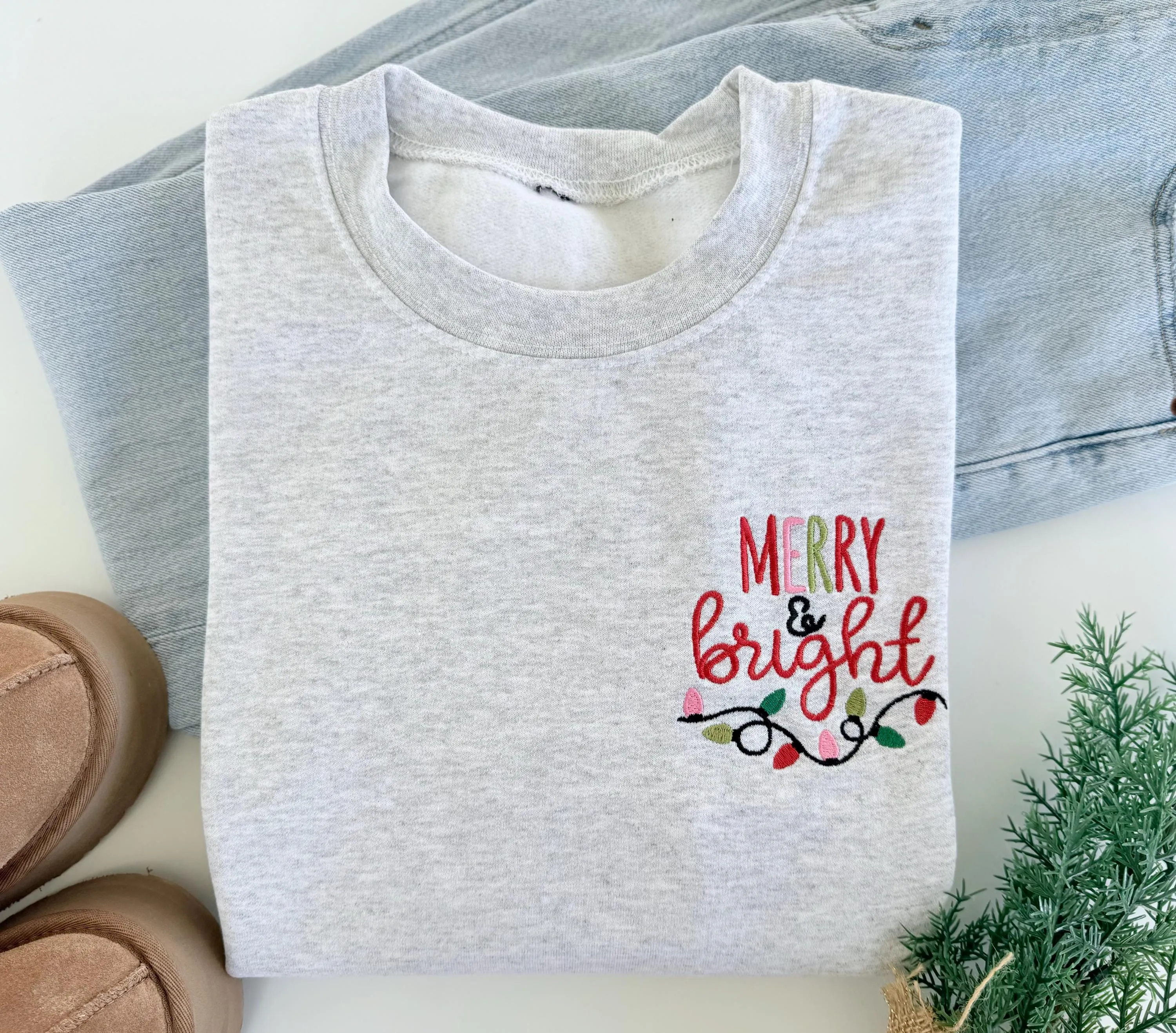 Merry & Bright Embroidered Christmas Sweatshirt - Womens Christmas Sweater