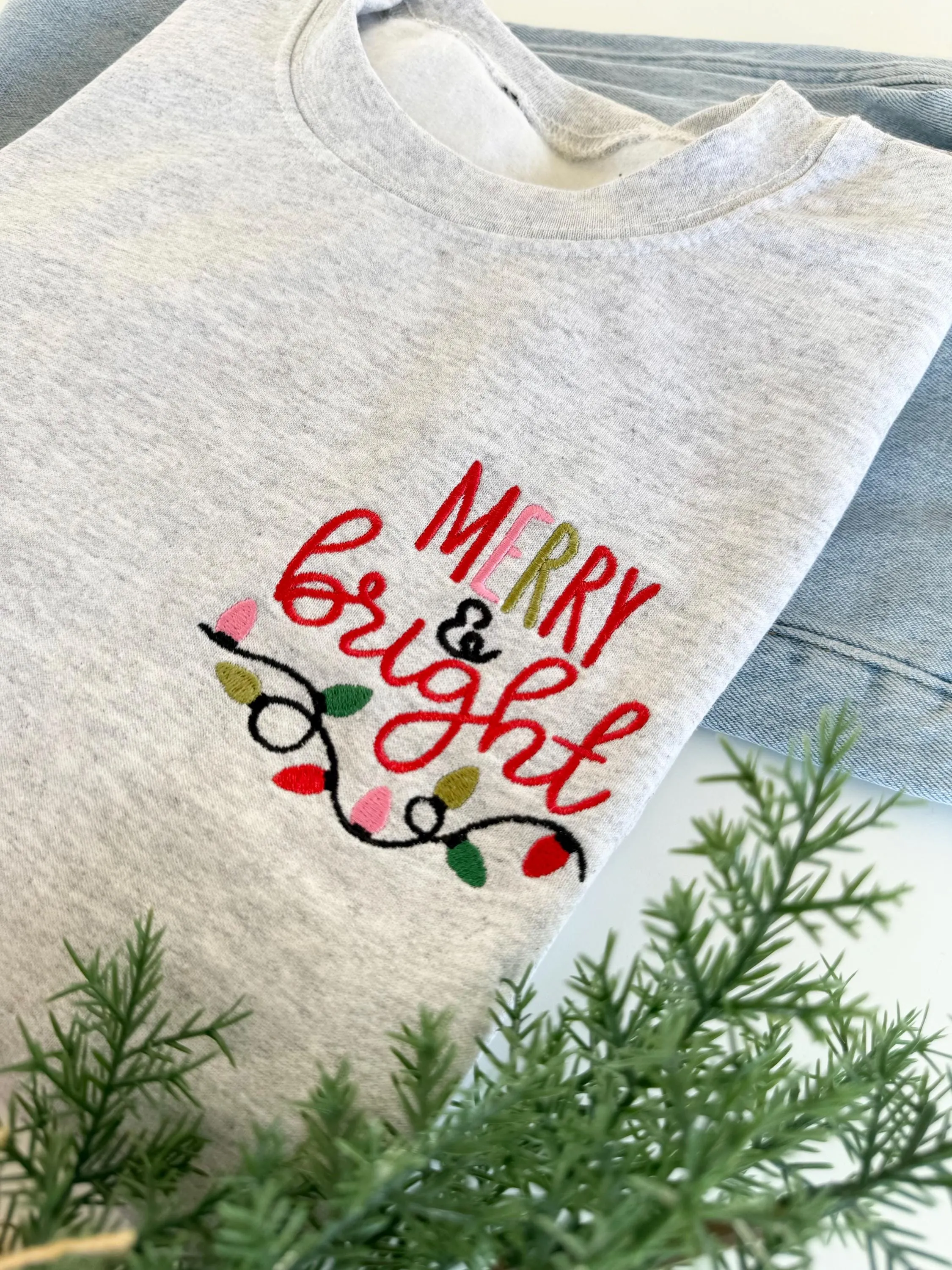 Merry & Bright Embroidered Christmas Sweatshirt - Womens Christmas Sweater