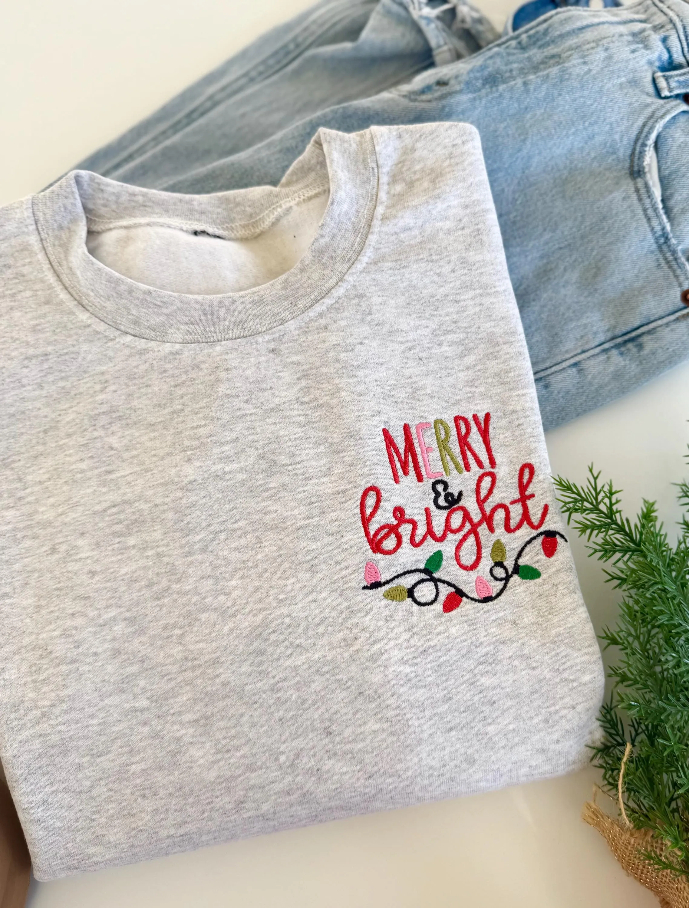 Merry & Bright Embroidered Christmas Sweatshirt - Womens Christmas Sweater