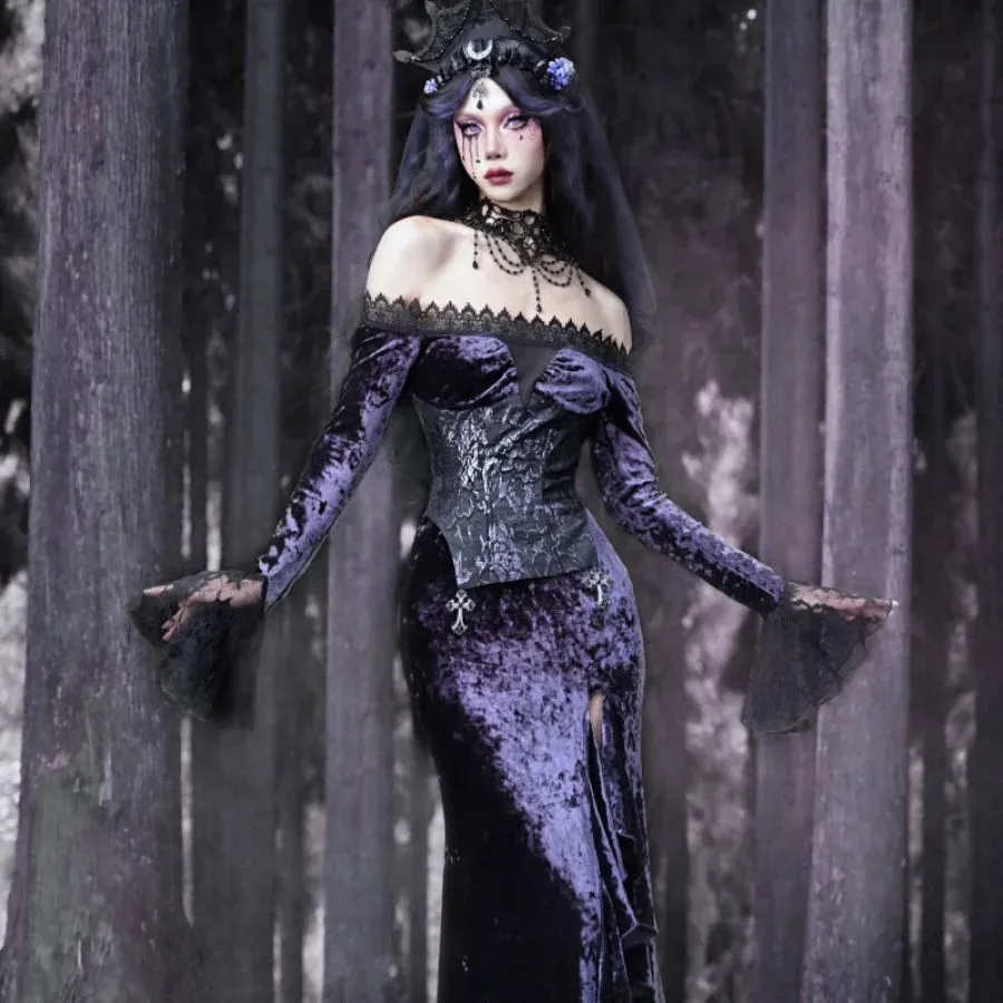 Moonlit Devotion Gothic Velvet One Neck Slim Fishtail Dress