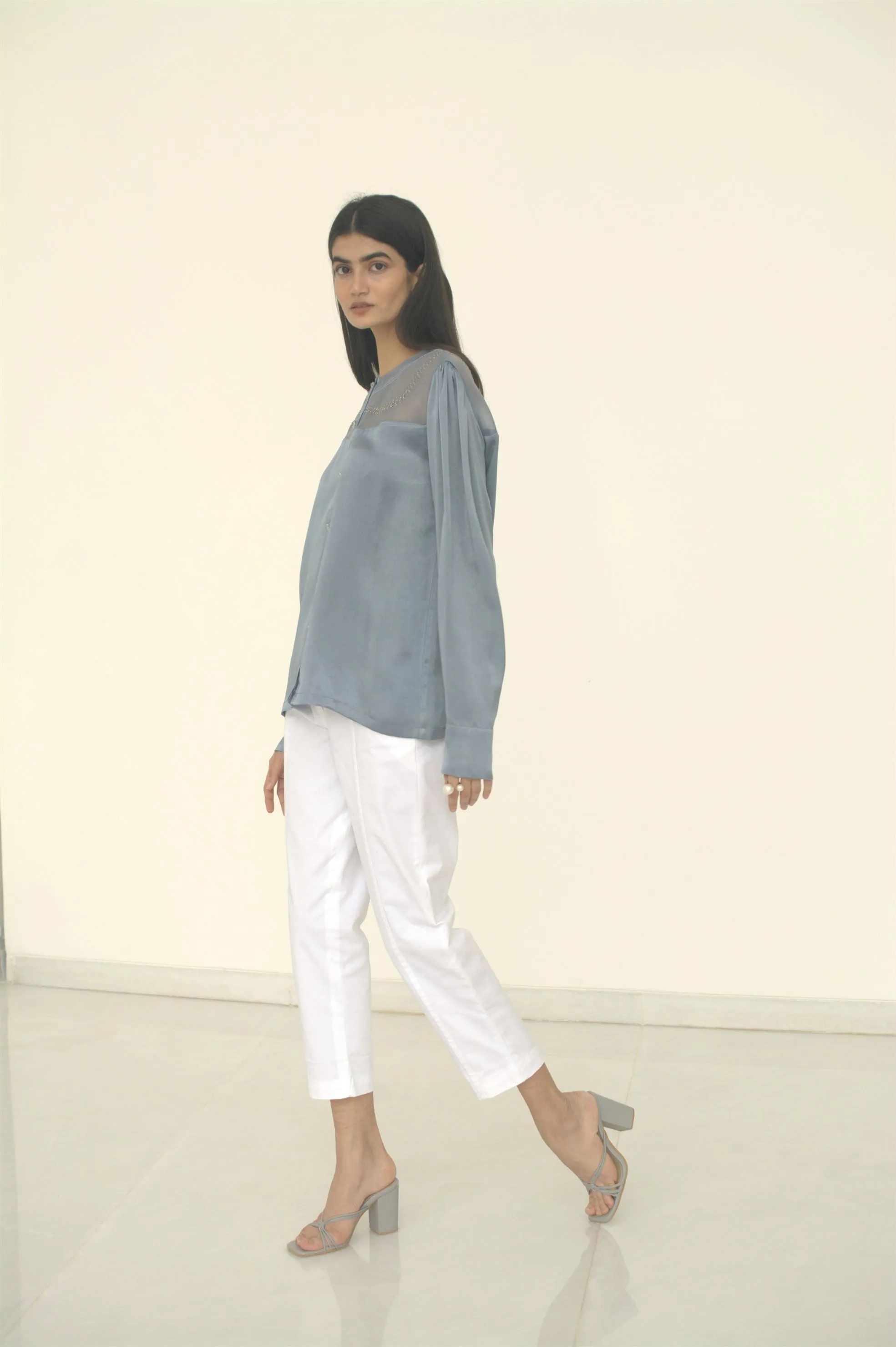 New Season Summer to Fall 2024-Blouse Embroidered Yoke Organza Silk Cerulean Blue-B/S/031-Suzanne-Fashion Edit Hemji