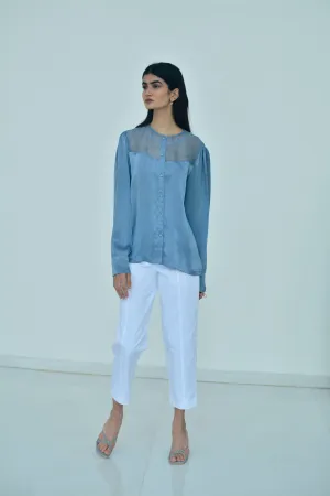 New Season Summer to Fall 2024-Blouse Embroidered Yoke Organza Silk Cerulean Blue-B/S/031-Suzanne-Fashion Edit Hemji