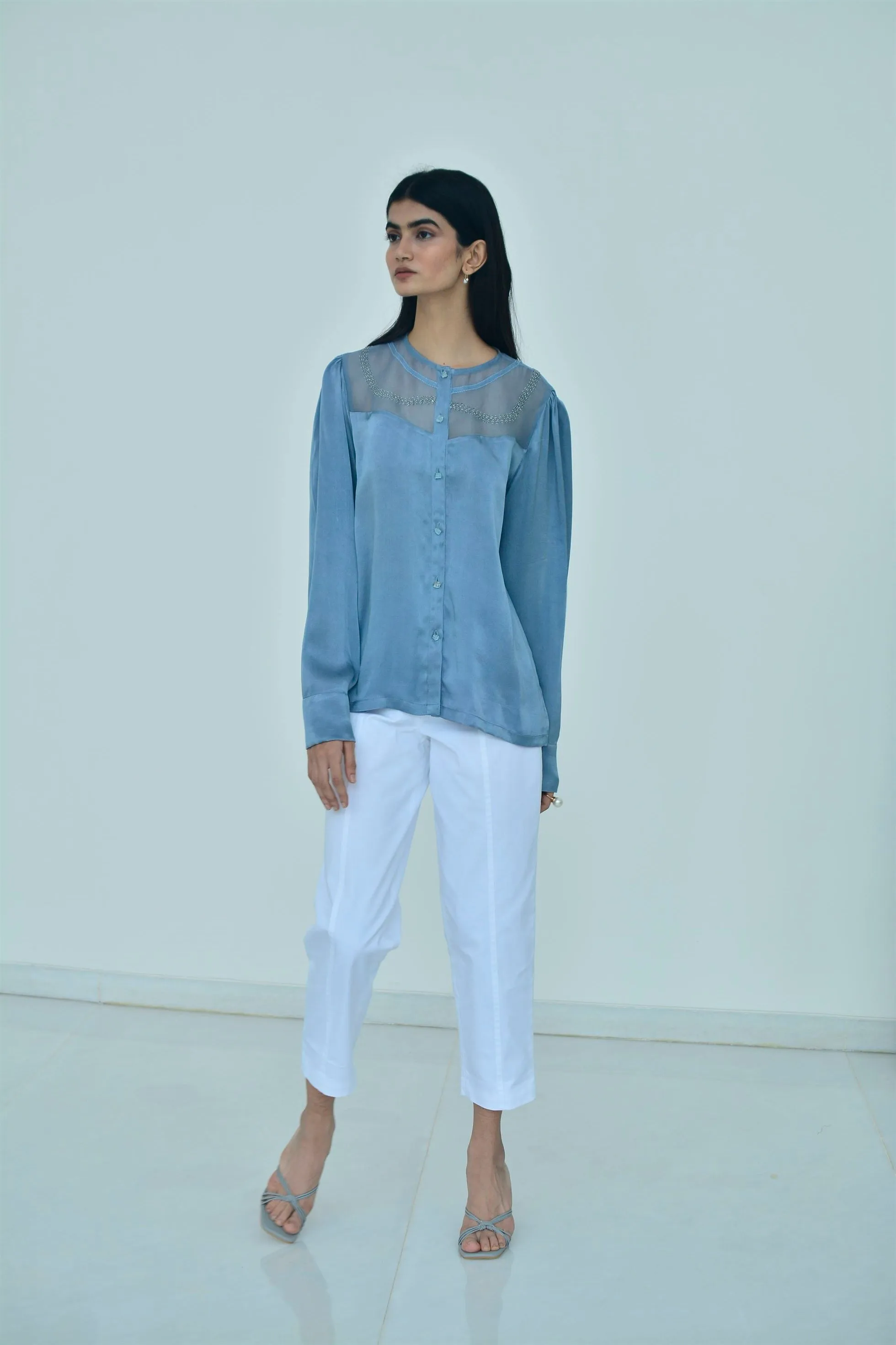 New Season Summer to Fall 2024-Blouse Embroidered Yoke Organza Silk Cerulean Blue-B/S/031-Suzanne-Fashion Edit Hemji