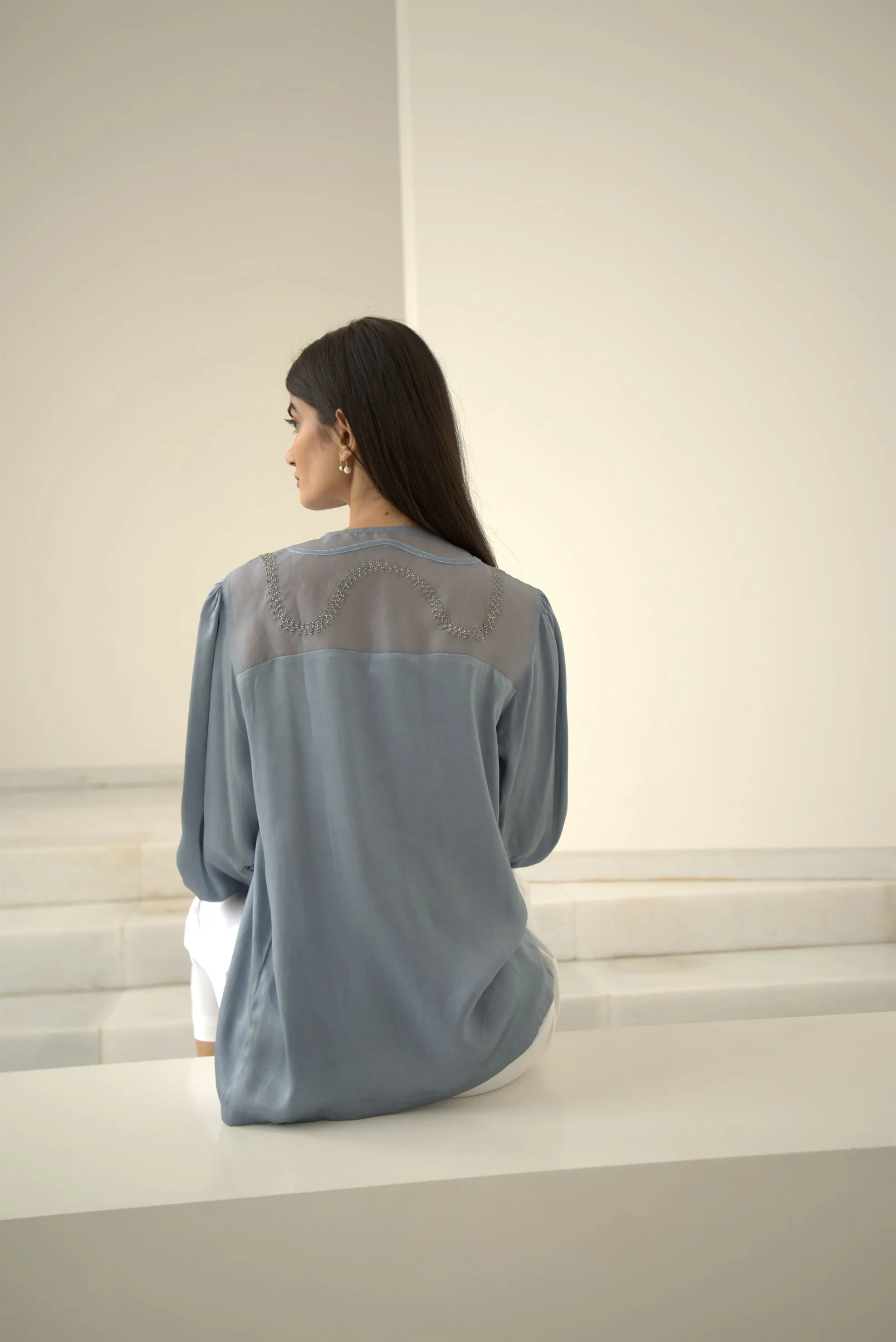 New Season Summer to Fall 2024-Blouse Embroidered Yoke Organza Silk Cerulean Blue-B/S/031-Suzanne-Fashion Edit Hemji