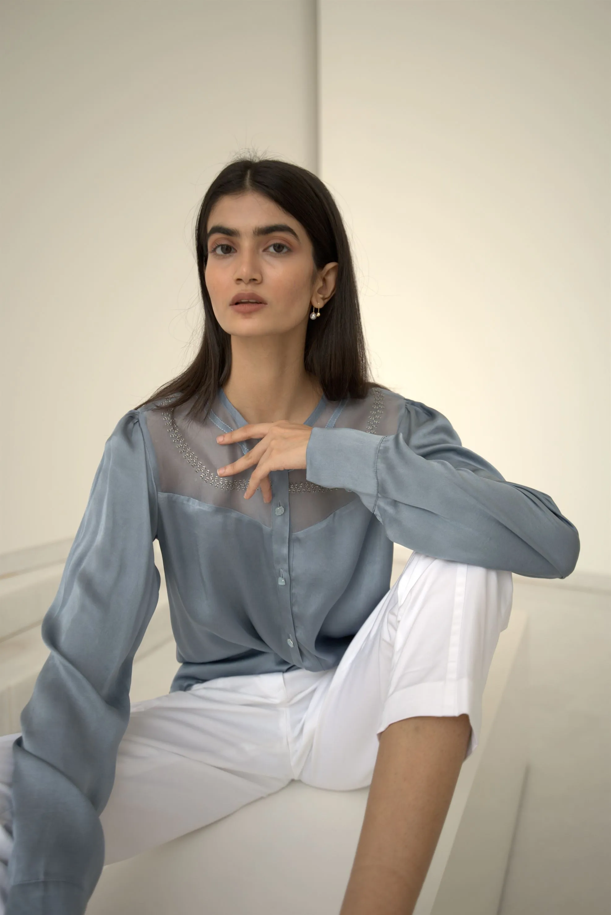 New Season Summer to Fall 2024-Blouse Embroidered Yoke Organza Silk Cerulean Blue-B/S/031-Suzanne-Fashion Edit Hemji