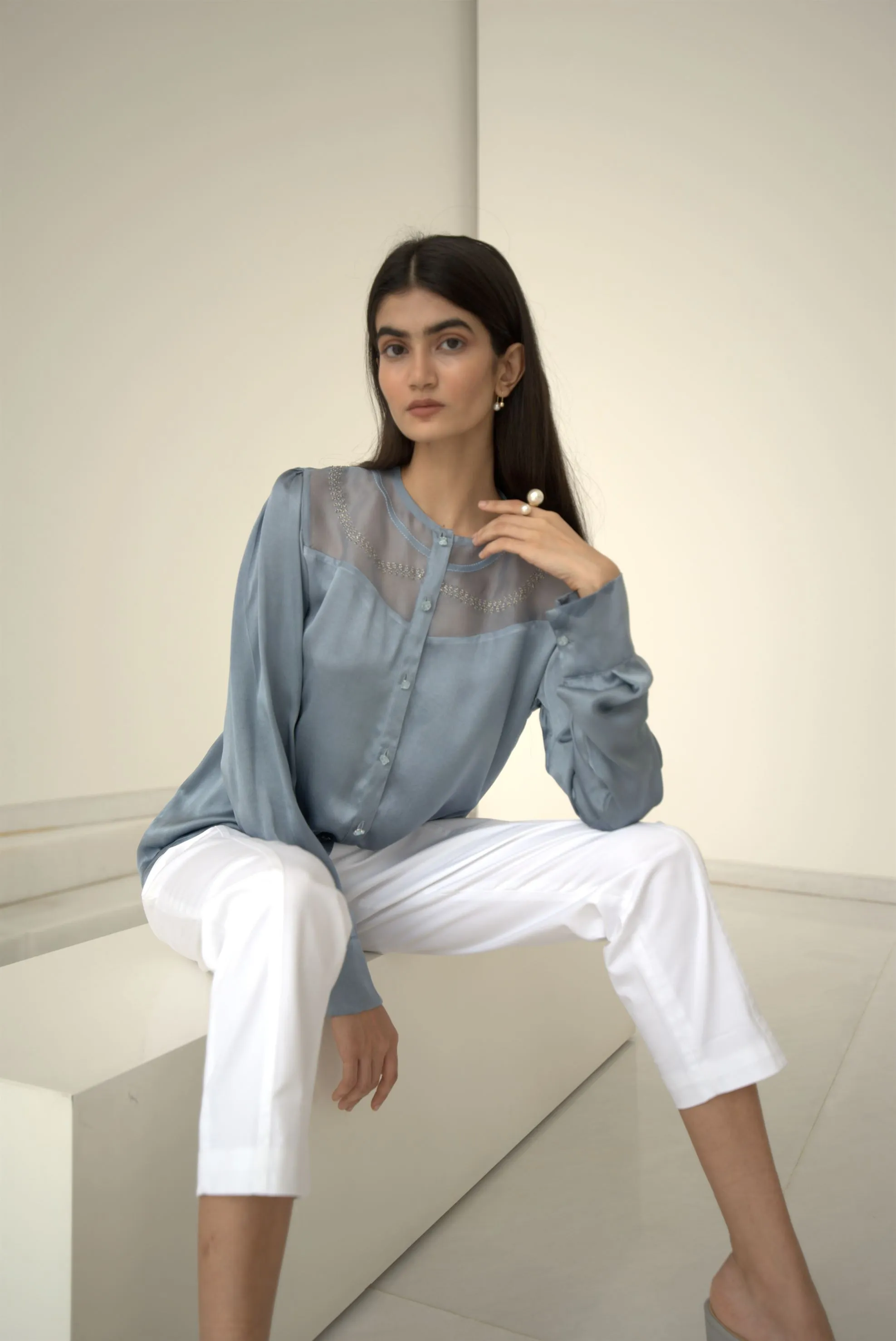 New Season Summer to Fall 2024-Blouse Embroidered Yoke Organza Silk Cerulean Blue-B/S/031-Suzanne-Fashion Edit Hemji