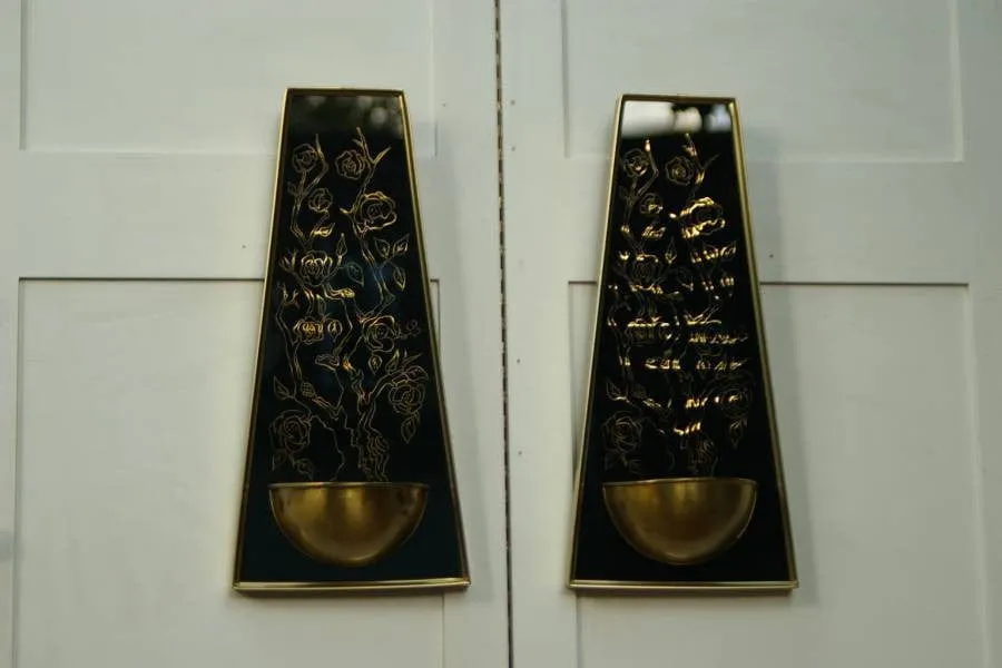 Pair Glass and Metal Black & Gold Wall Sconces