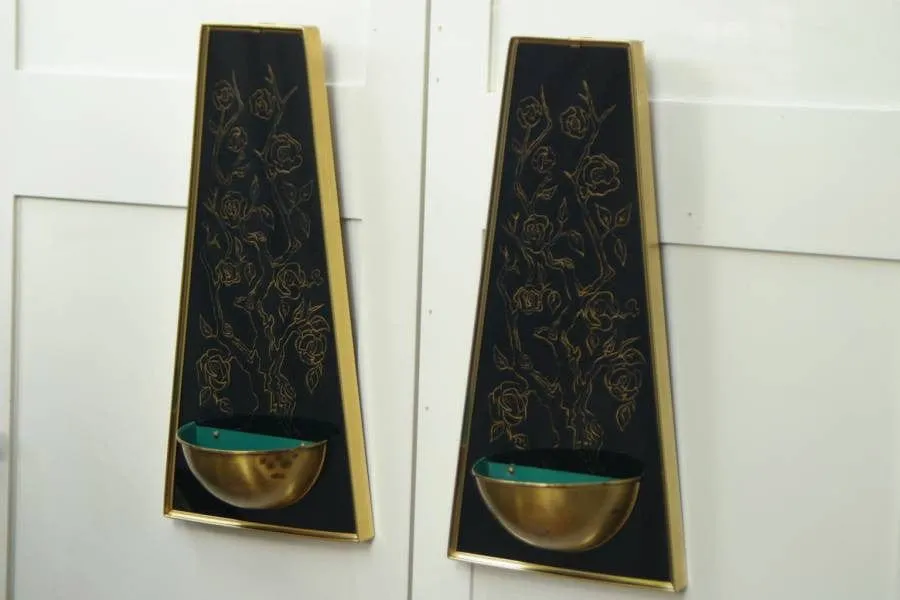 Pair Glass and Metal Black & Gold Wall Sconces