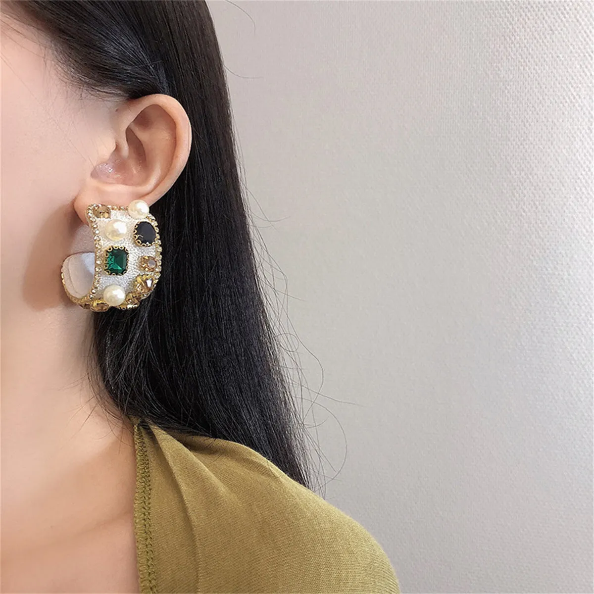 Pearl & Crystal 18K Gold-Plated Huggie Earrings