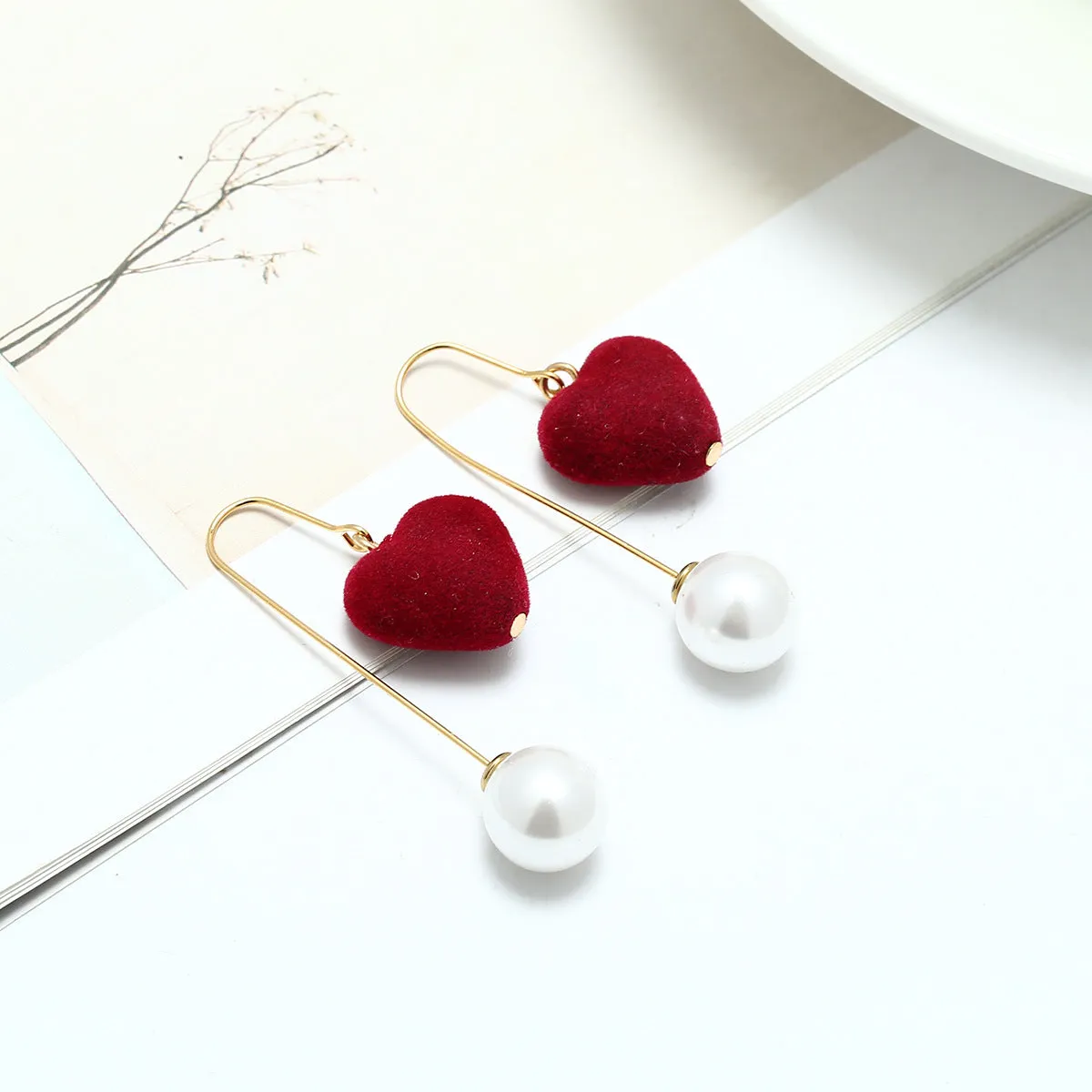 Pearl & Wine Red Velvet Heart Drop Earrings