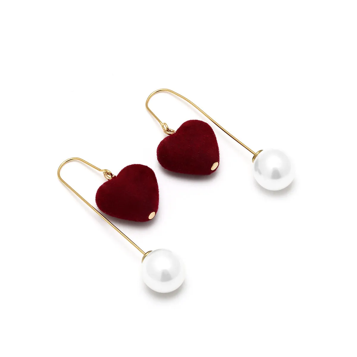 Pearl & Wine Red Velvet Heart Drop Earrings