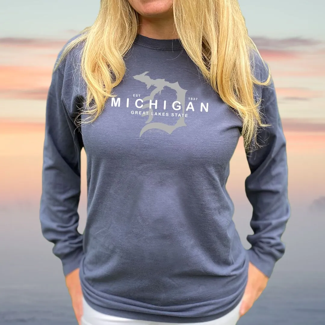 "Michigan D Established 1837" Relaxed Fit Stonewashed Long Sleeve Unisex T-Shirt