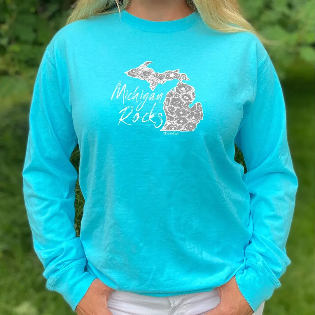 "Michigan Rocks Petoskey Stone" Relaxed Fit Stonewashed Long Sleeve Unisex T-Shirt