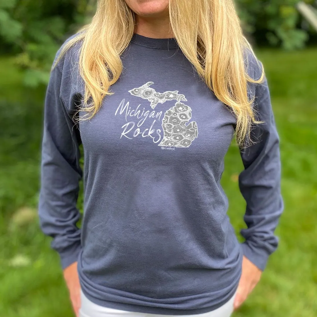 "Michigan Rocks Petoskey Stone" Relaxed Fit Stonewashed Long Sleeve Unisex T-Shirt