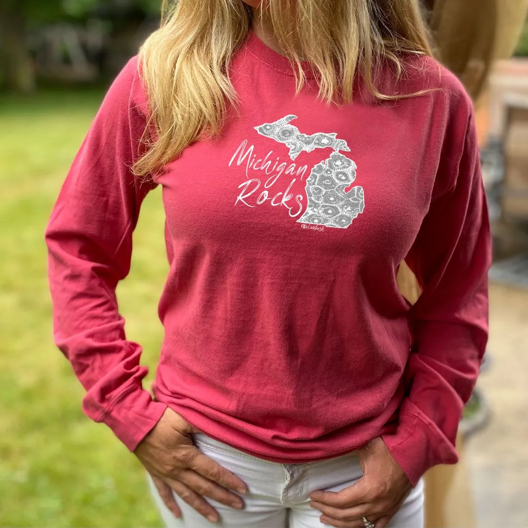 "Michigan Rocks Petoskey Stone" Relaxed Fit Stonewashed Long Sleeve Unisex T-Shirt