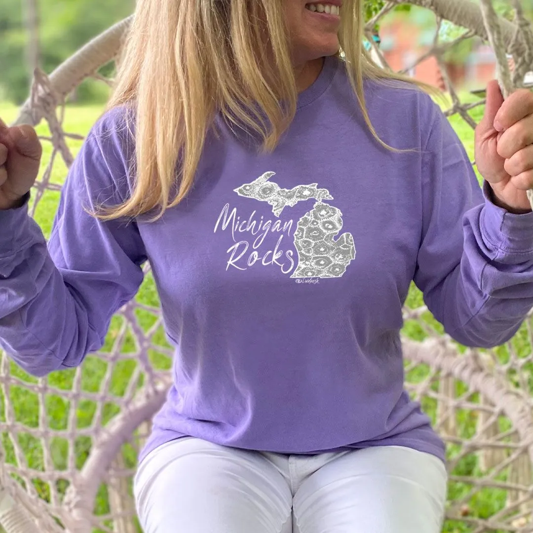 "Michigan Rocks Petoskey Stone" Relaxed Fit Stonewashed Long Sleeve Unisex T-Shirt