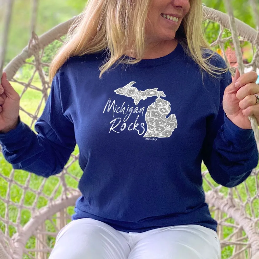 "Michigan Rocks Petoskey Stone" Relaxed Fit Stonewashed Long Sleeve Unisex T-Shirt