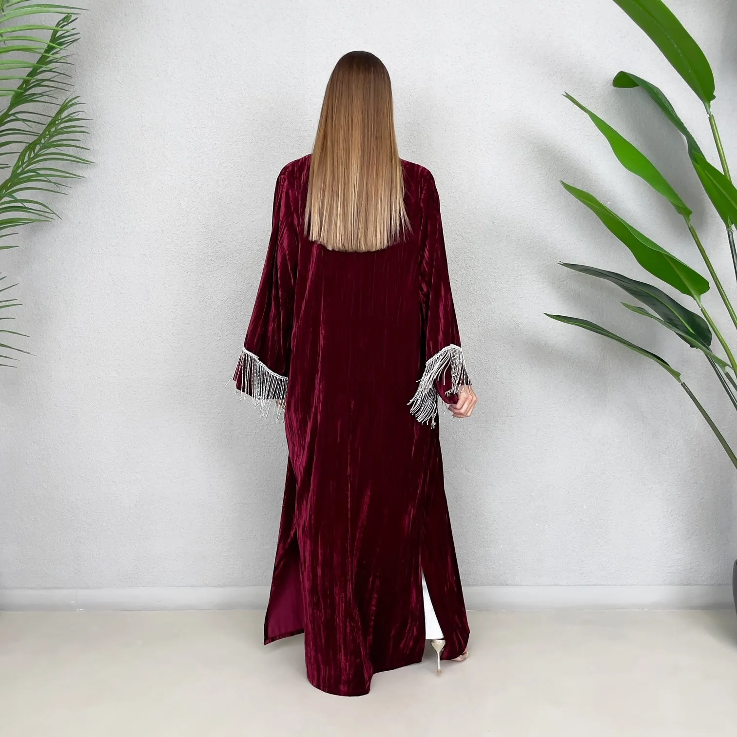 RAM23 BURGUNDY VELVET CRYSTAL FRINGE ABAYA