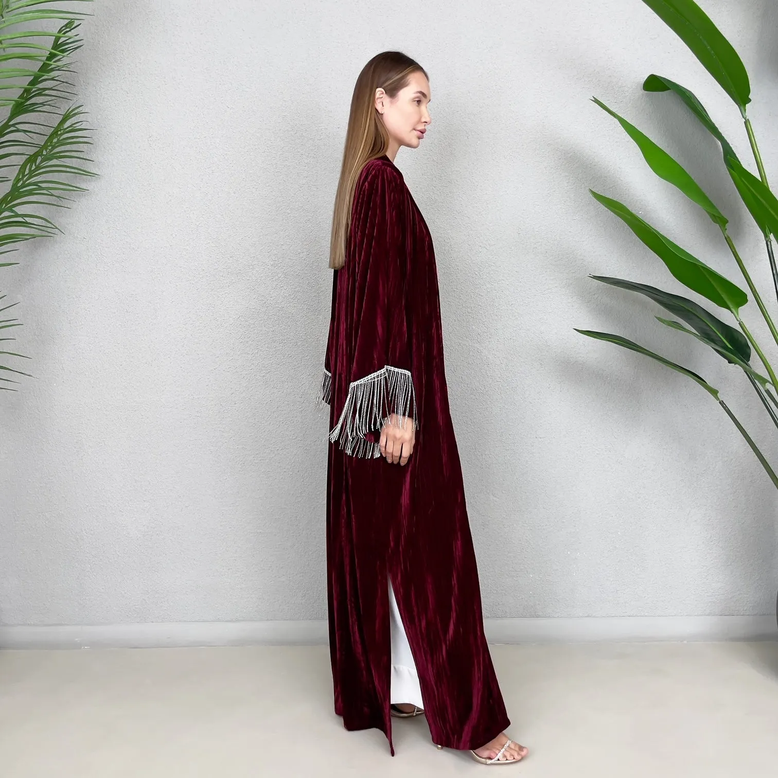 RAM23 BURGUNDY VELVET CRYSTAL FRINGE ABAYA