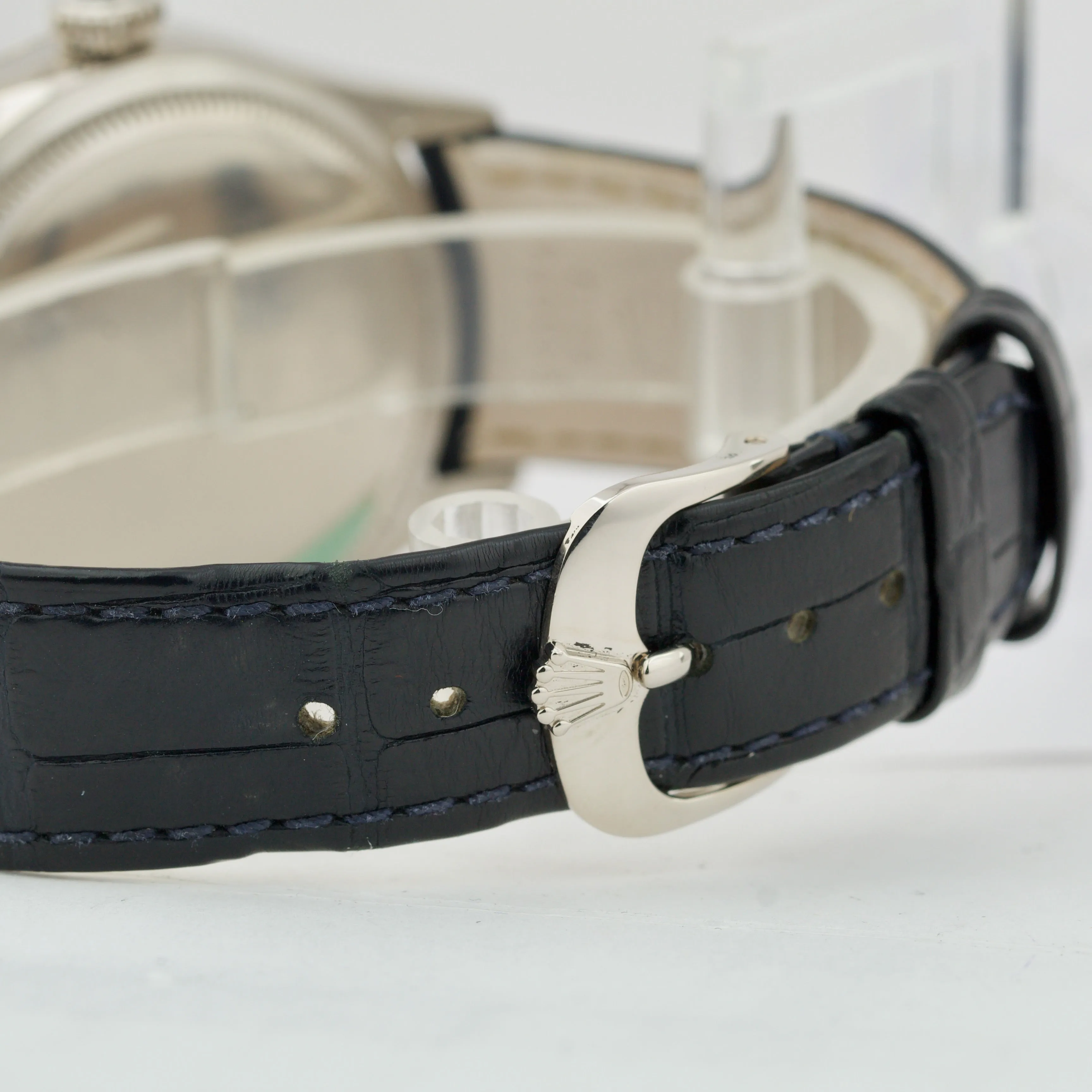 Rolex Cellini Date 18k WHITE GOLD Blue Guilloche Leather 39mm 50519 Watch