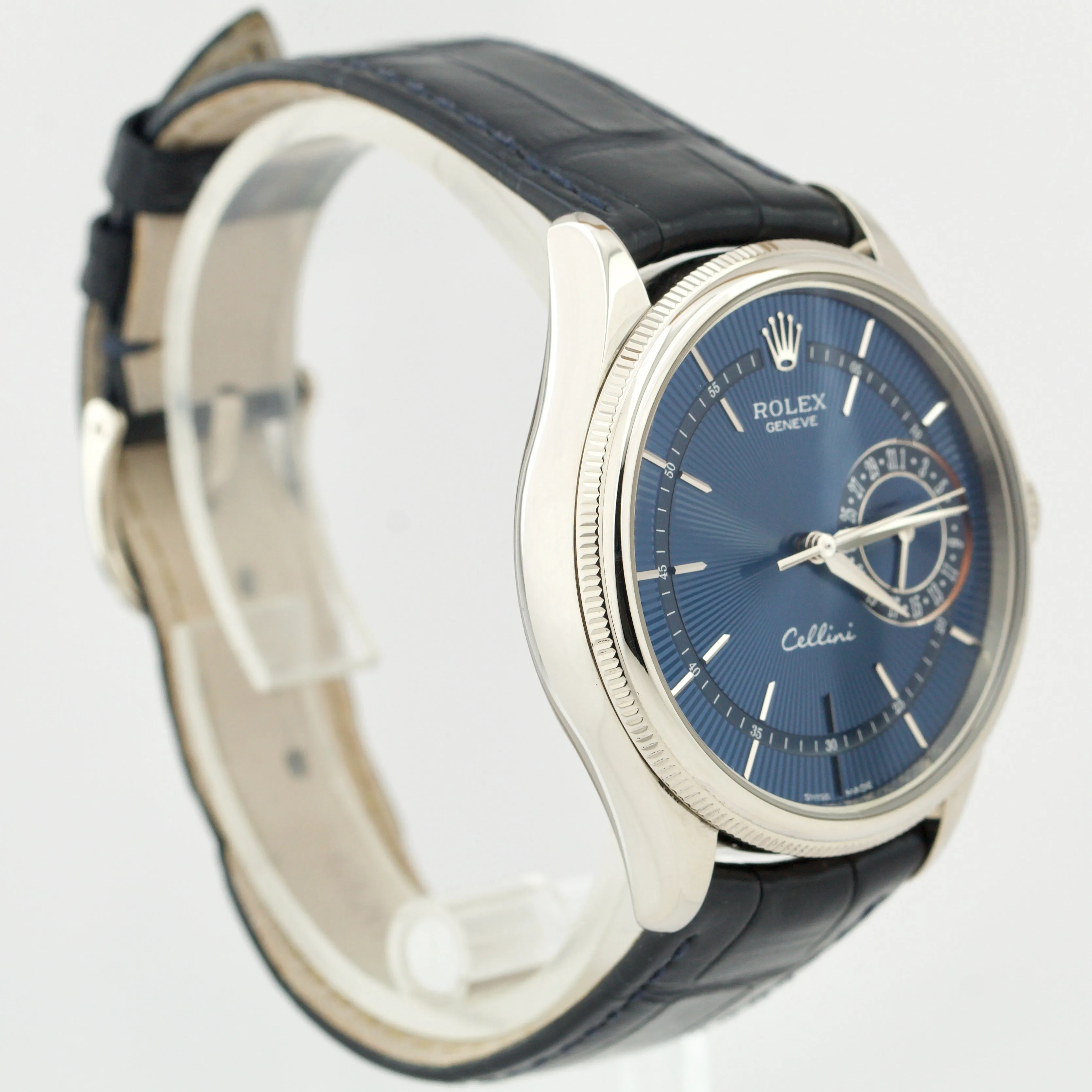 Rolex Cellini Date 18k WHITE GOLD Blue Guilloche Leather 39mm 50519 Watch