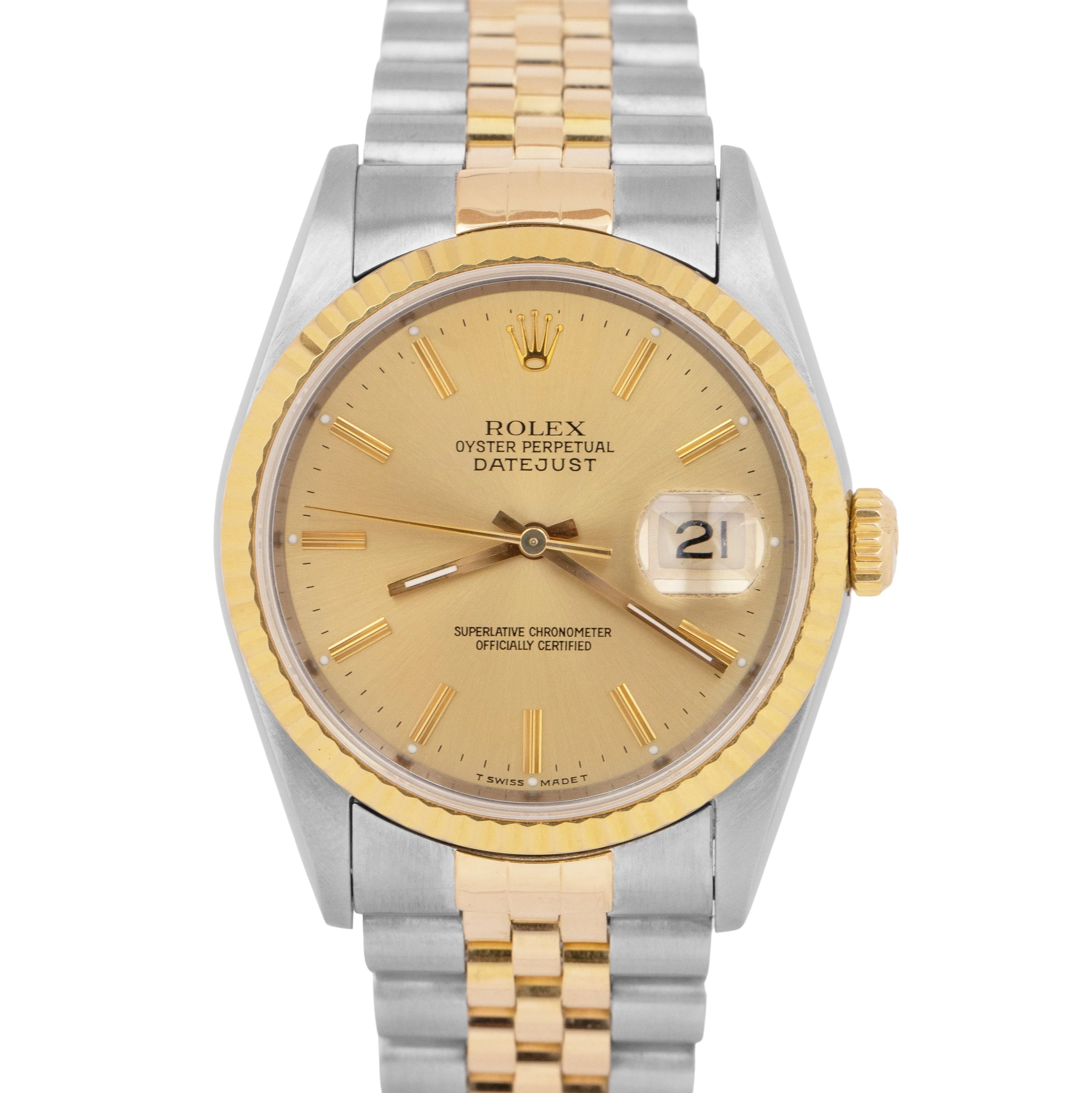 Rolex DateJust 36mm Champagne Dial NO-HOLES Steel 18K Yellow Gold 16233 Watch