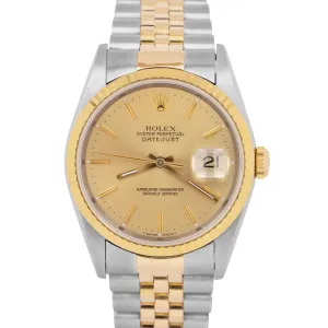 Rolex DateJust 36mm Champagne Dial NO-HOLES Steel 18K Yellow Gold 16233 Watch