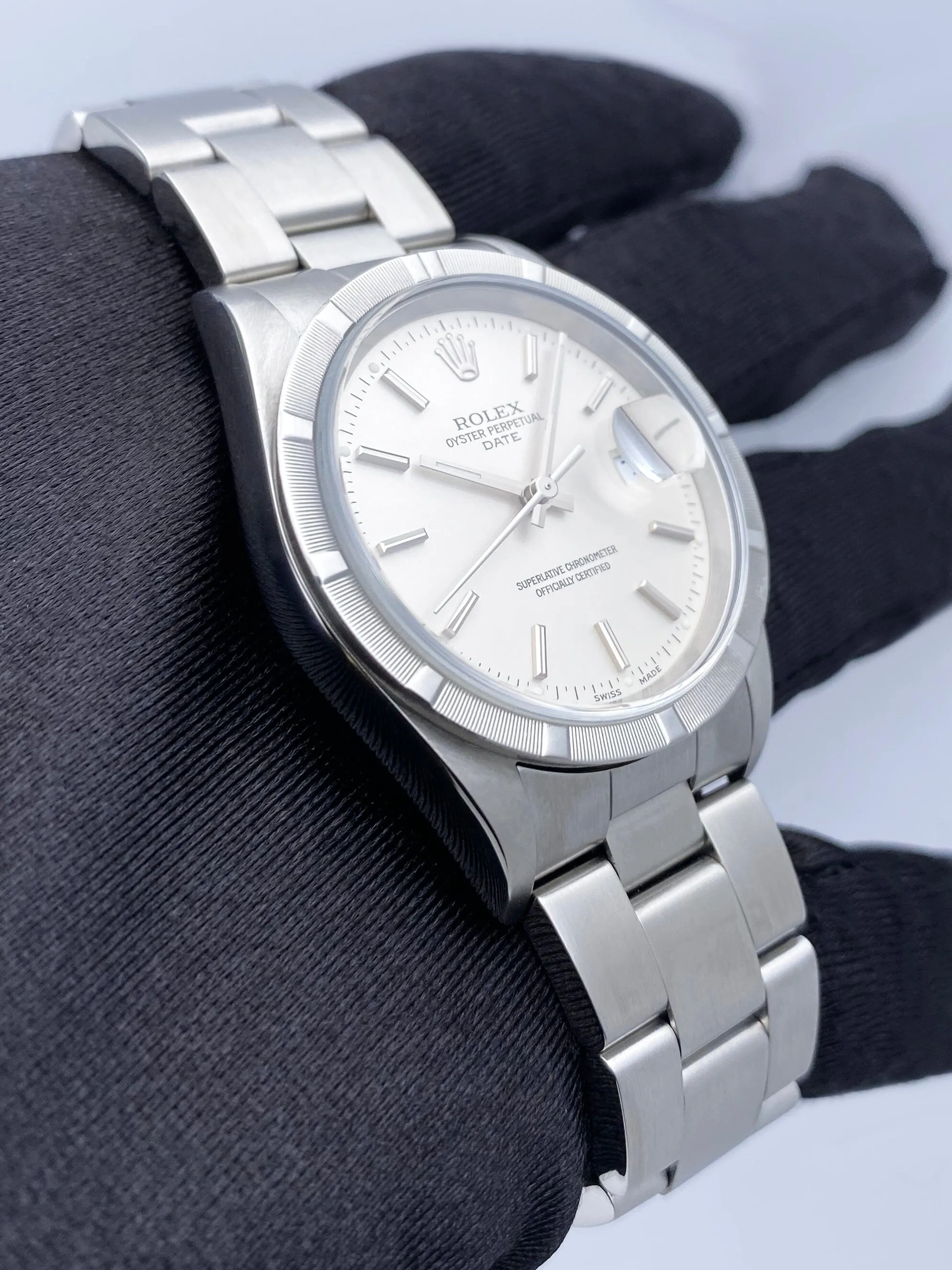 Rolex Oyster Perpetual Date 15210 Silver Dial Mens Watch Box Papers