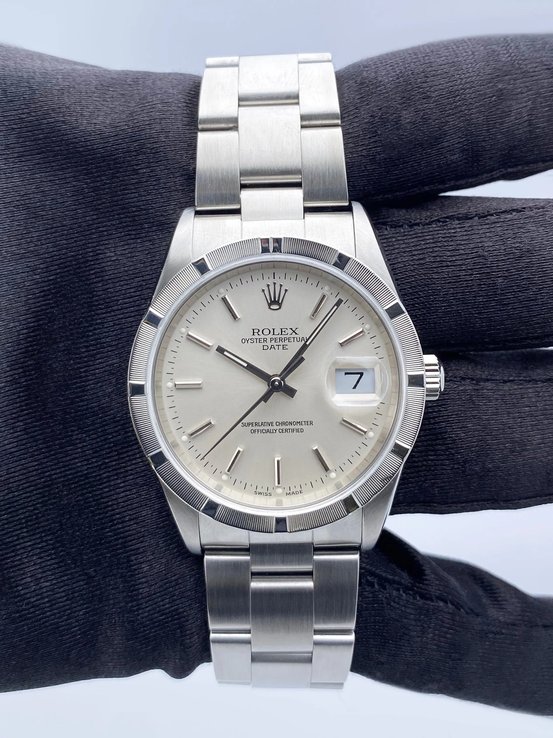 Rolex Oyster Perpetual Date 15210 Silver Dial Mens Watch Box Papers