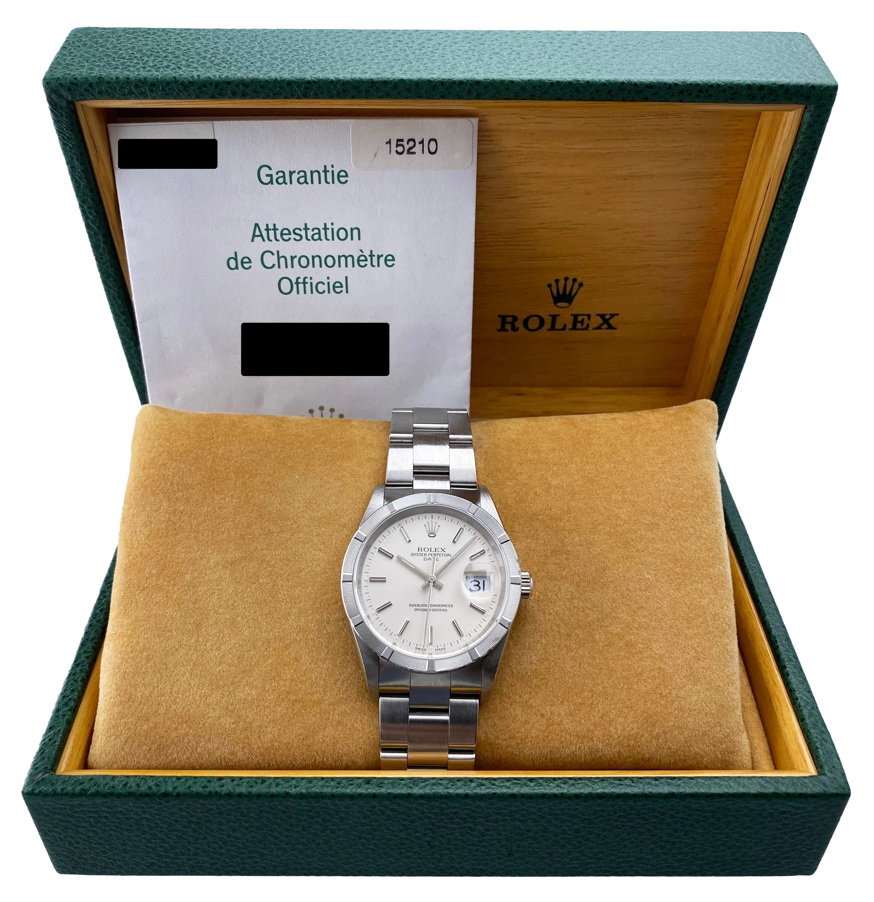 Rolex Oyster Perpetual Date 15210 Silver Dial Mens Watch Box Papers
